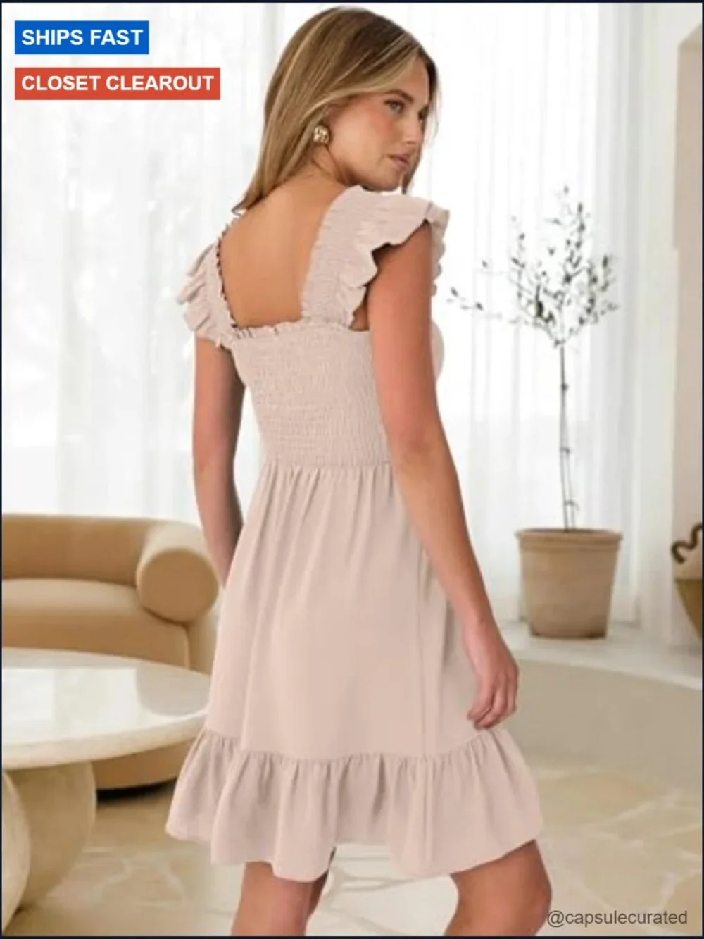 Sleeveless Square Neck Sun Dress Smocked Ruffle Backless Boho Short Dress - Picture 4 of 7